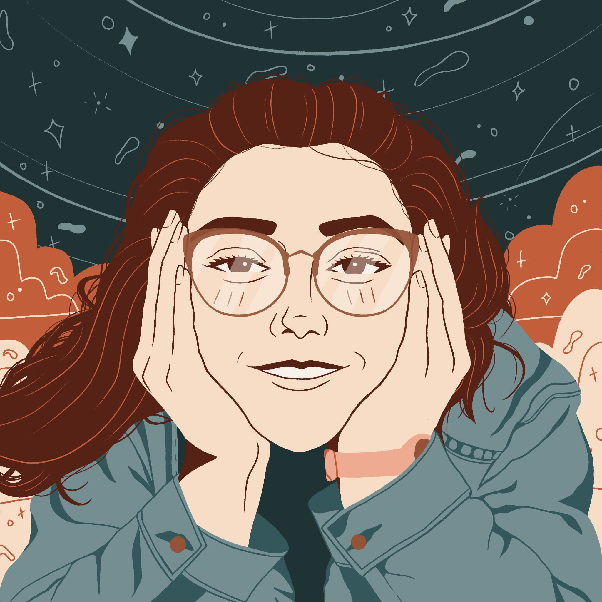 a portrait of a person with long red hair and glasses in front of the night sky