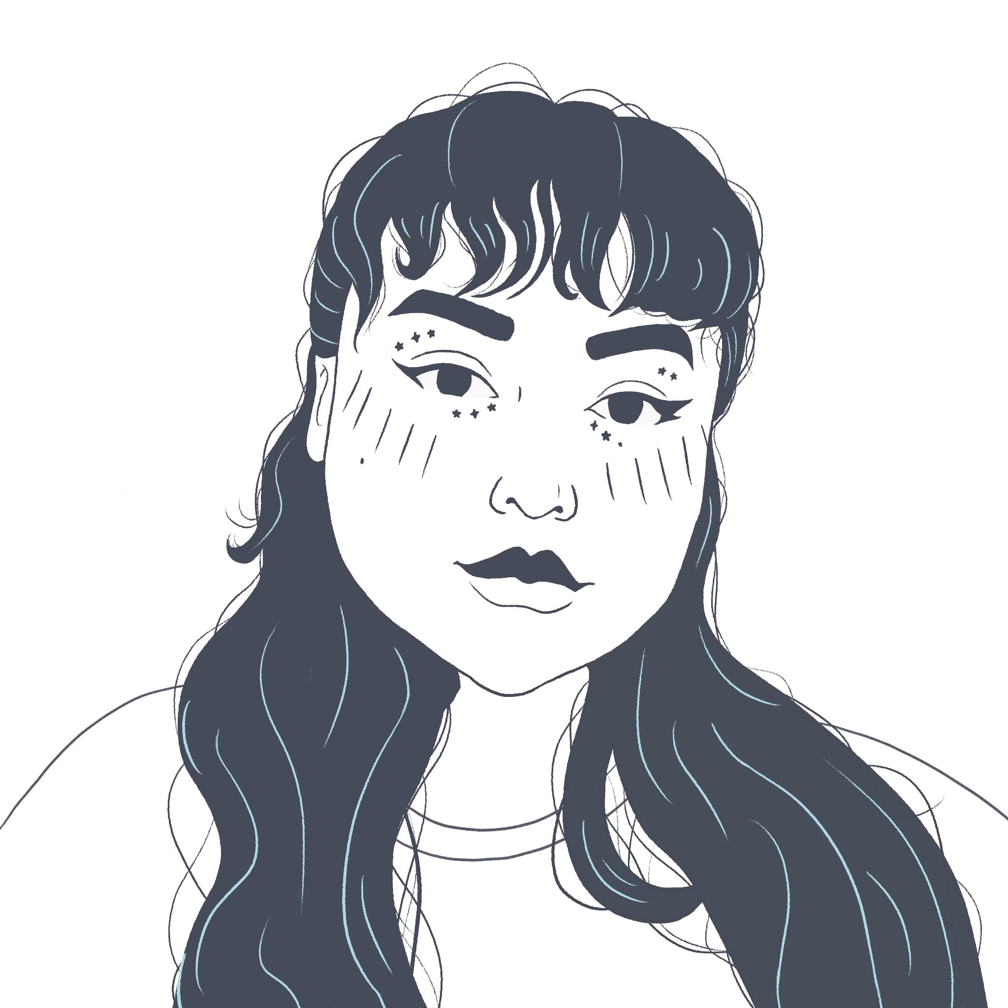 a black and white line drawing of someone with long hair and stars under her eyes