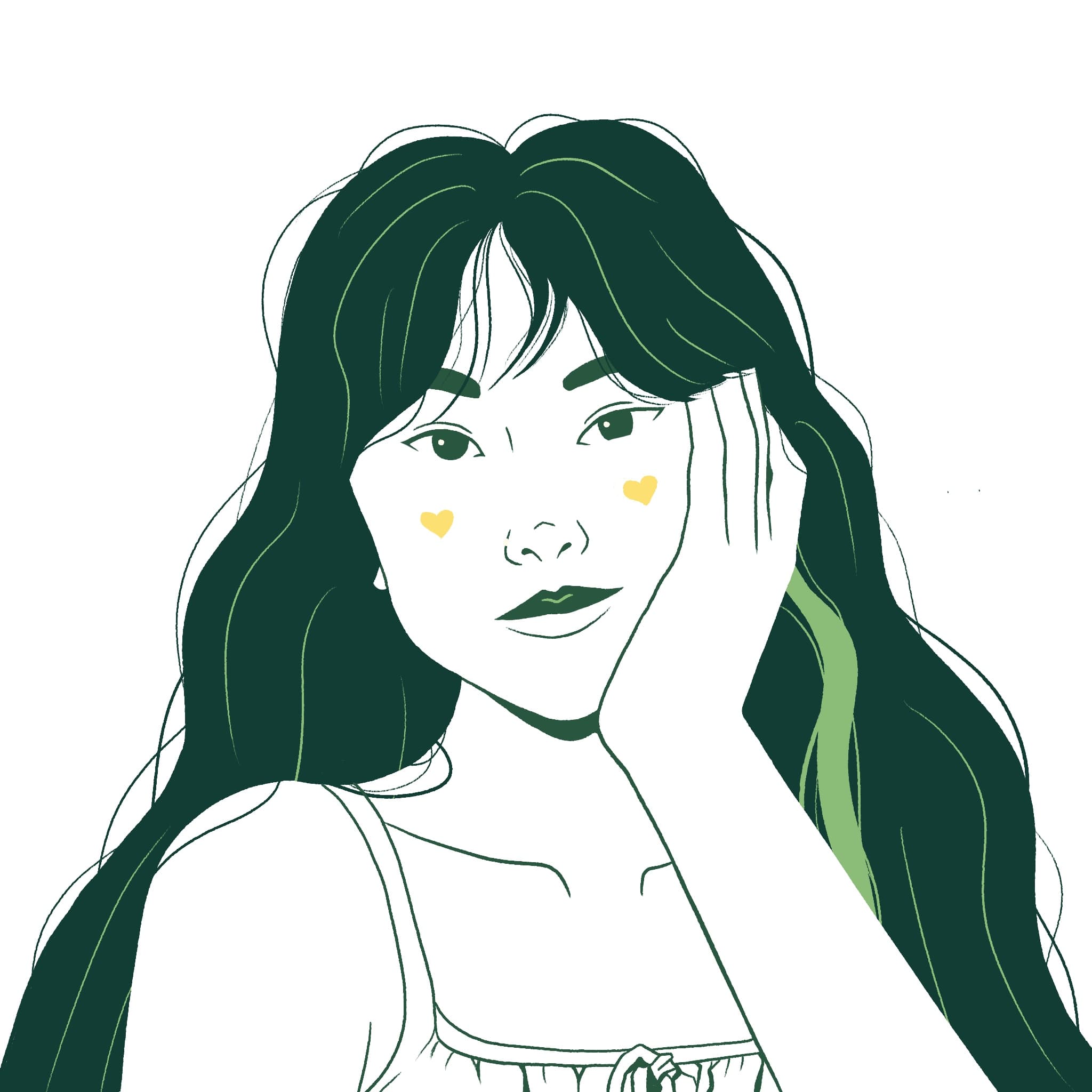 a dark green line drawing of someone with long hair and hearts on their cheeks