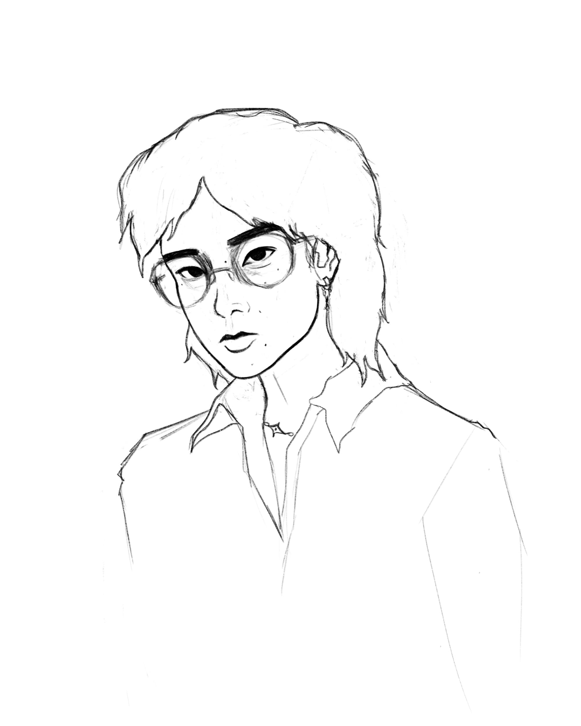 a sketch of a person with medium length hair and glasses