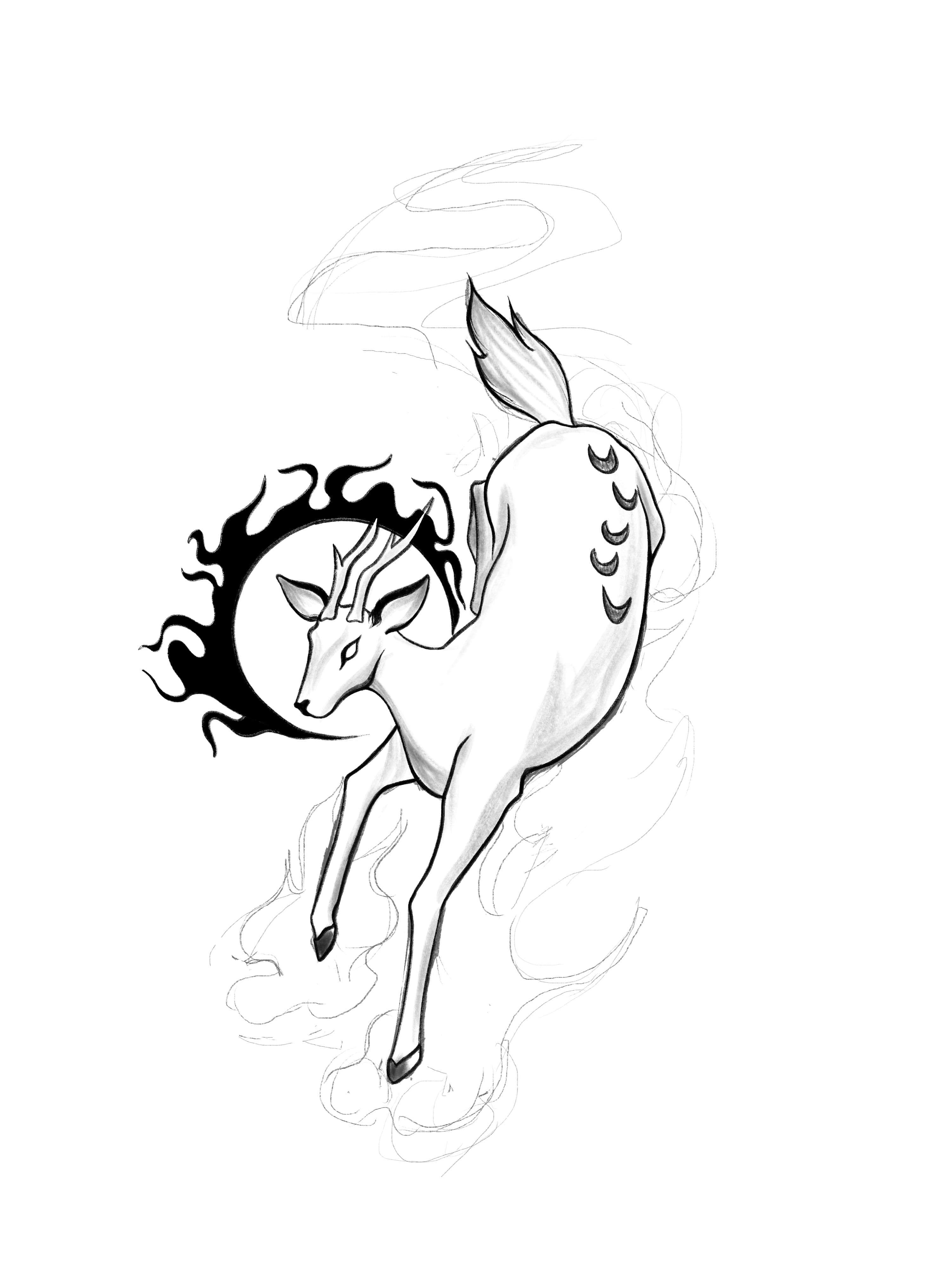 a sketch of a deer with a flaming halo behind its head