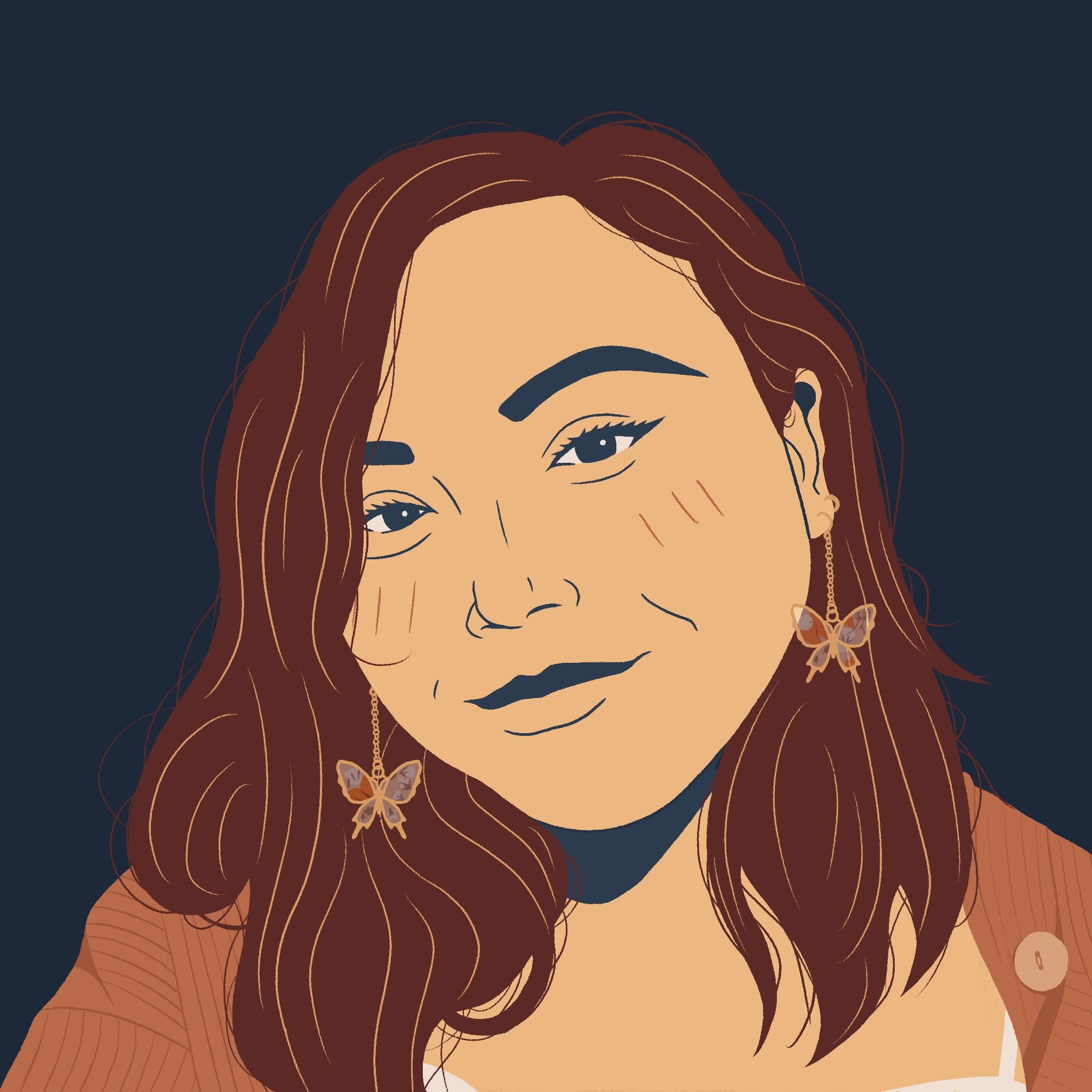 a portrait of a person with medium red hair and butterfly earrings in front of a solid blue background